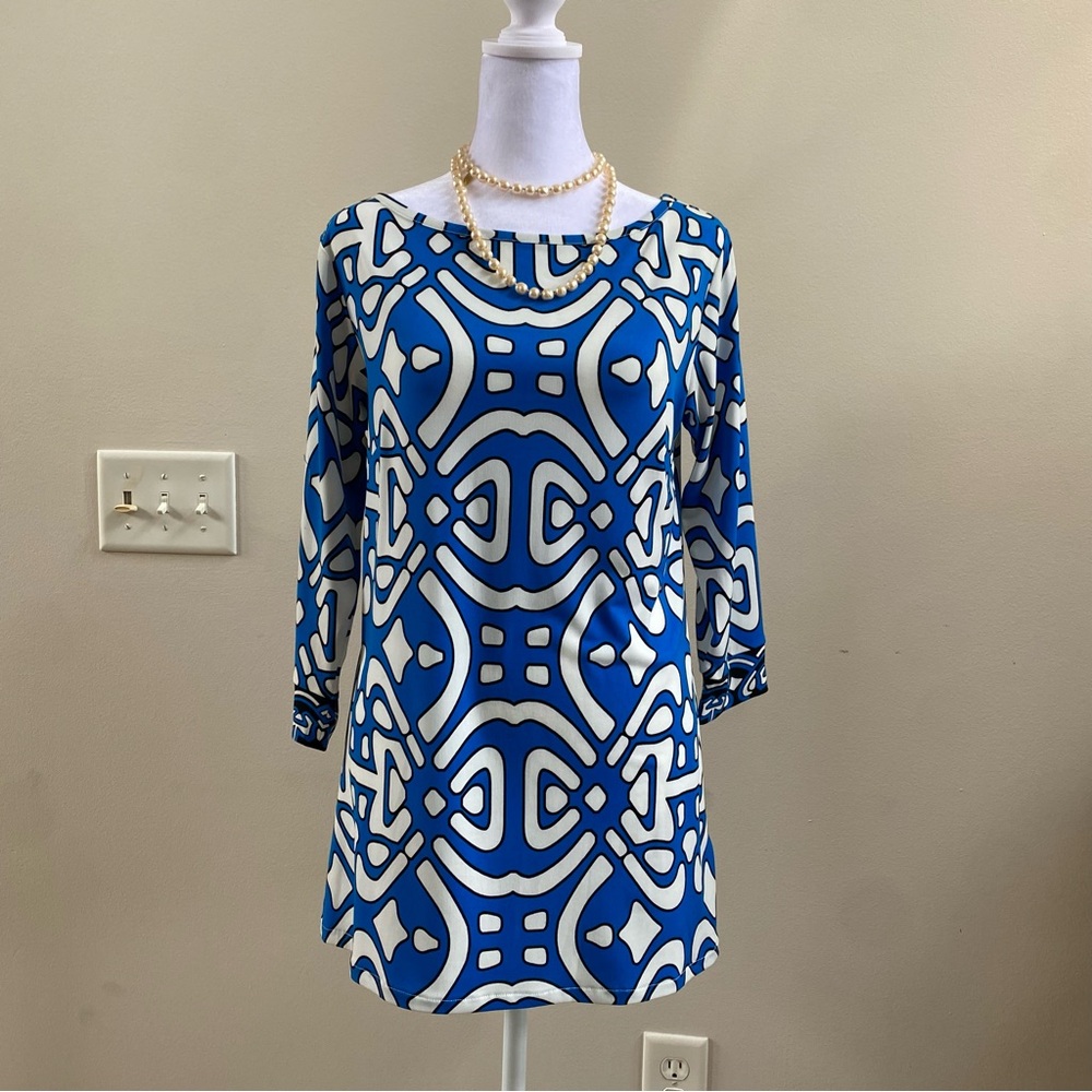 Laundry By Design Coastal Funky Blue & White Print Long Sleeve Mini Dress Sz 4